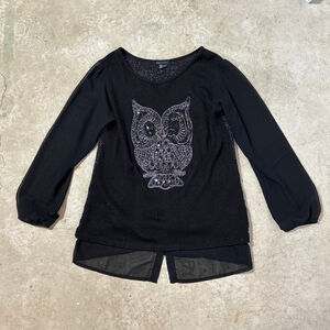 eLLoquent Black Silver Sequin Owl Tunic Top Women’s Large Sheer Sleeves Sparkly